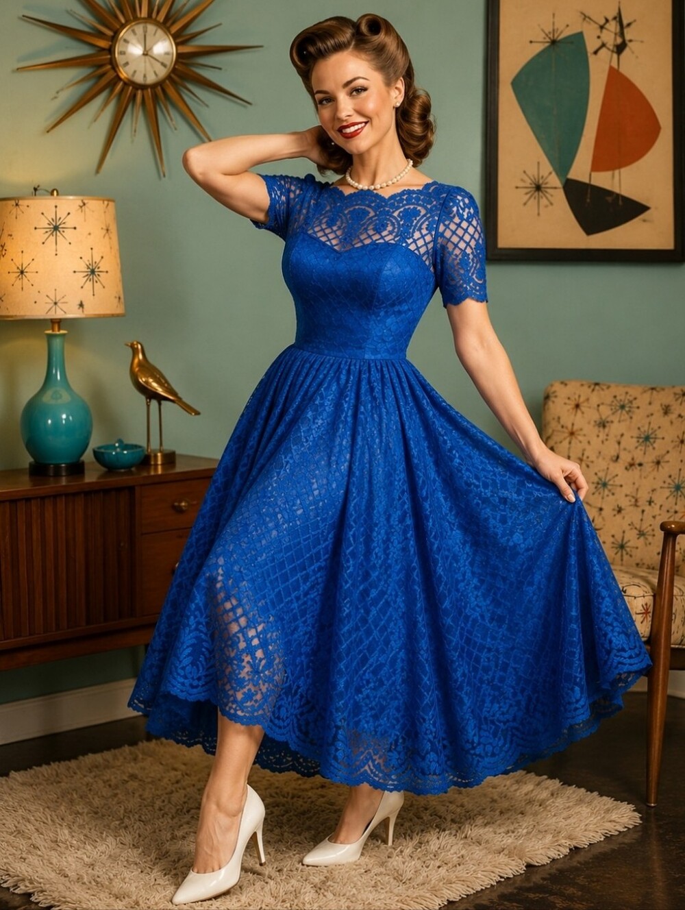 Elegant Blue Lace Fit-and-Flare Dress True Vintage